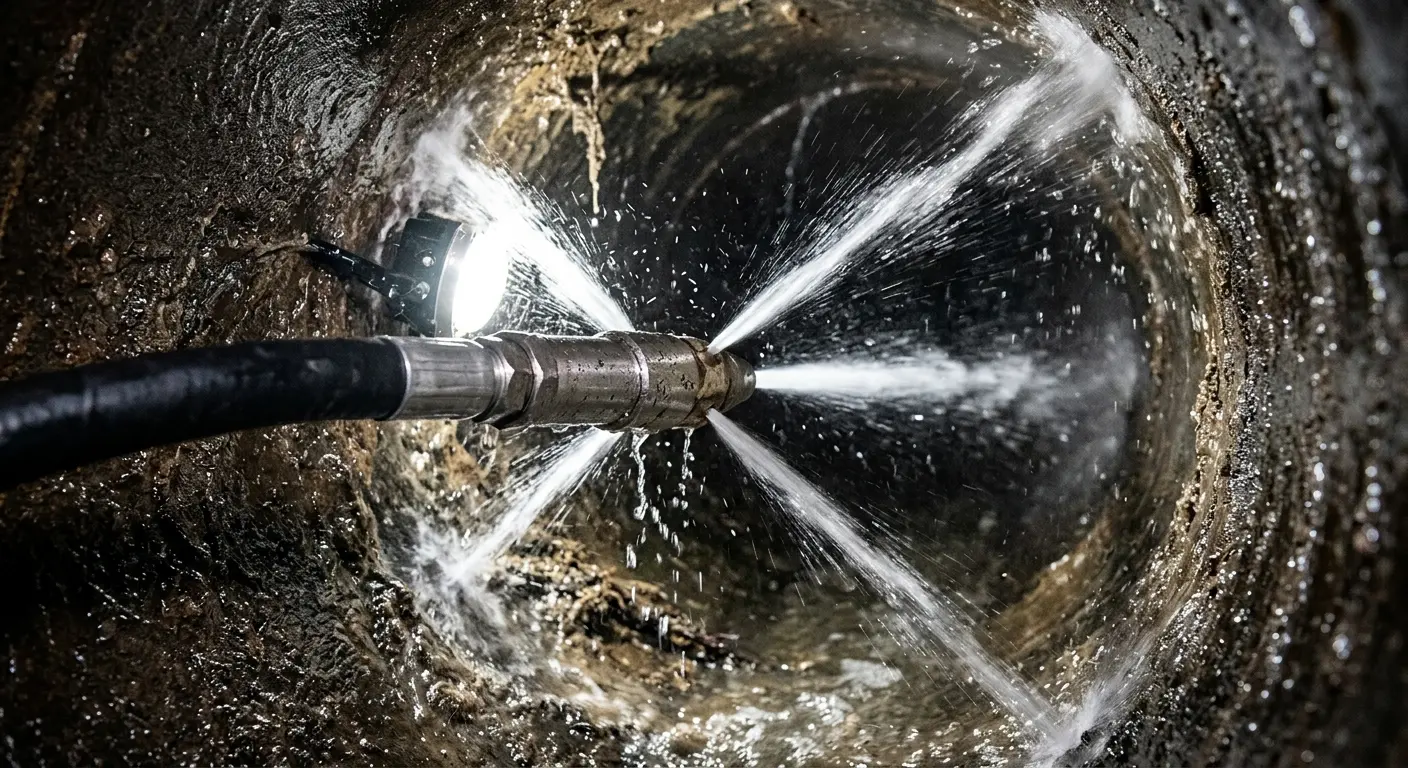 High-pressure hydro jetting nozzle cleaning sewer pipe for Sewer Line Relining in Springettsbury