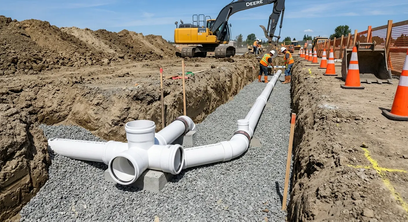New PVC sewer pipe installation in open trench for Sewer Backup in Springettsbury
