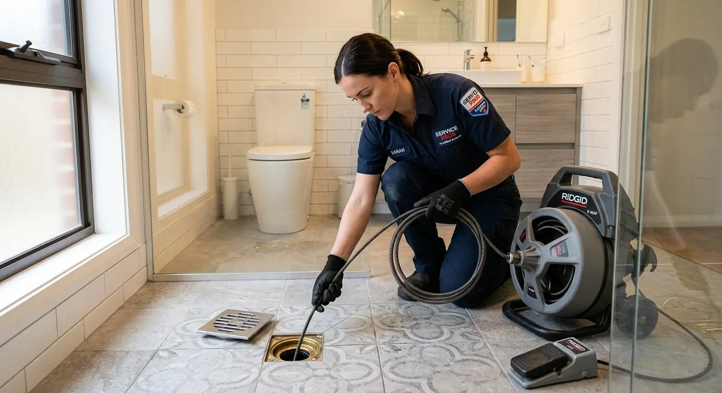 Technician clearing a bathroom floor drain for Clogged Drain Repair in Springettsbury